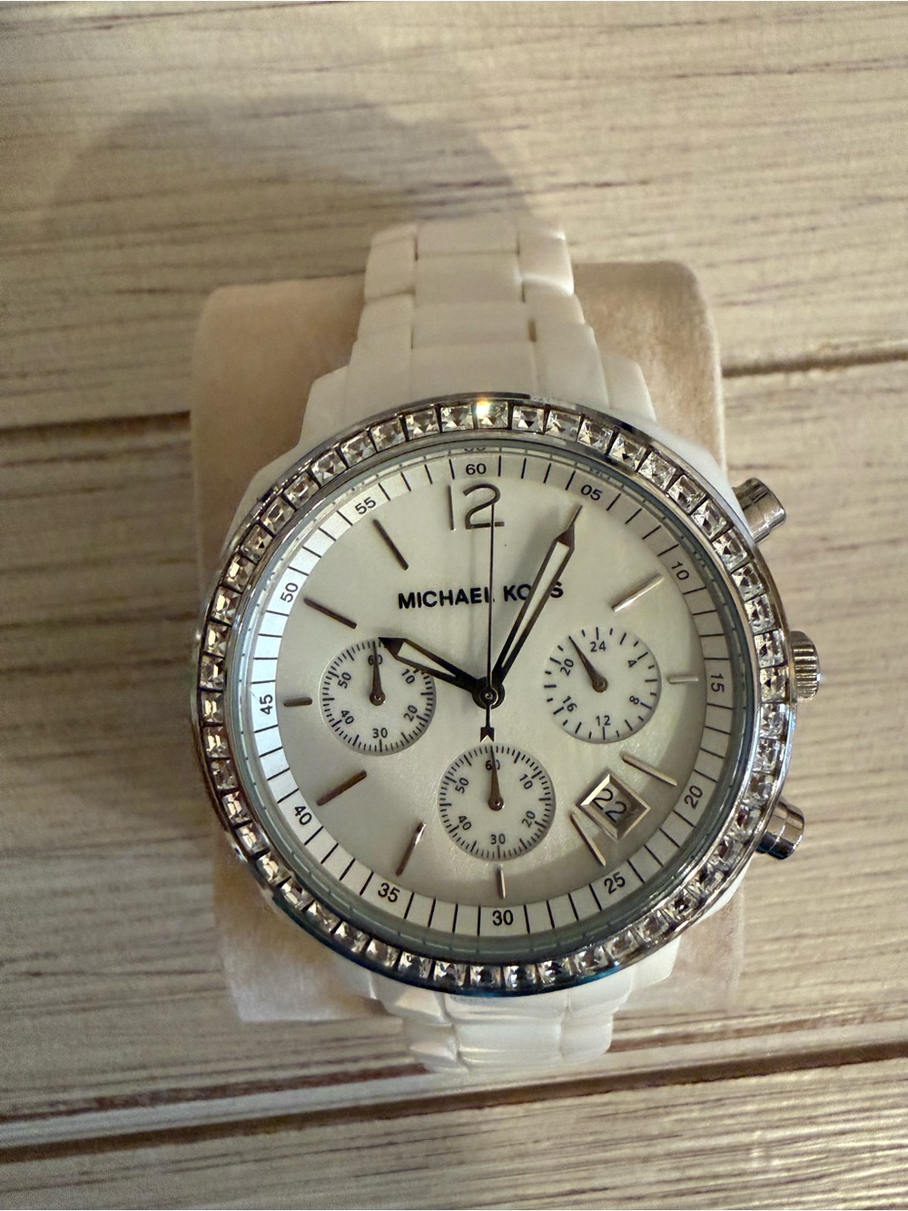 Michael Kors White and Silver Crystal-Trim Women's Chronograph Watch